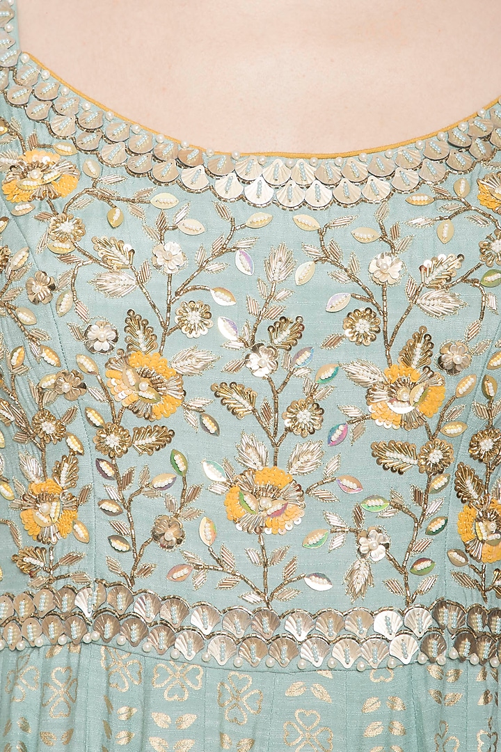 Mint blue embroidered foil print anarkali gown available only at Pernia's Pop Up Shop.