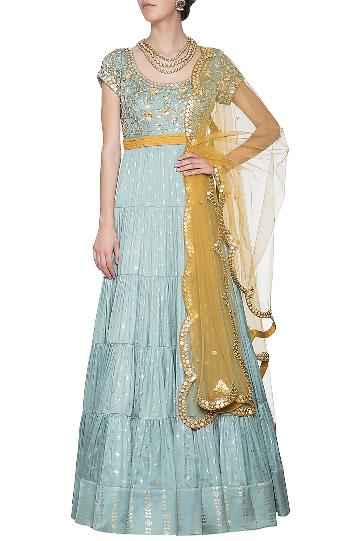 Mint blue embroidered foil print anarkali gown set available only at Pernia's Pop Up Shop.