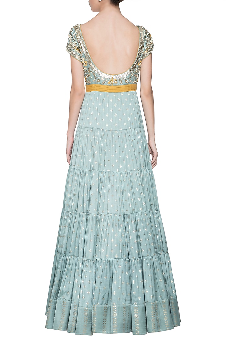 Mint blue embroidered foil print anarkali gown set available only at Pernia's Pop Up Shop.