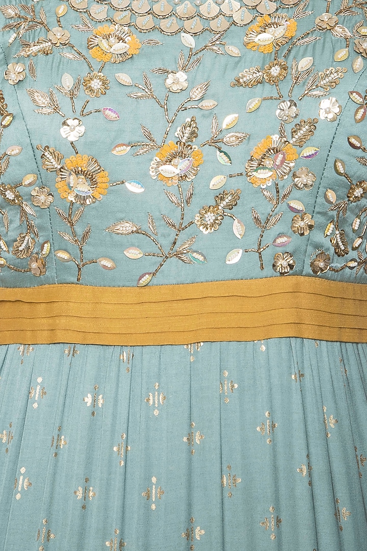 Mint blue embroidered foil print anarkali gown set available only at Pernia's Pop Up Shop.