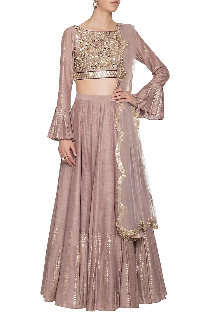 Mud grey foil print embroidered lehenga set available only at Pernia's Pop Up Shop.