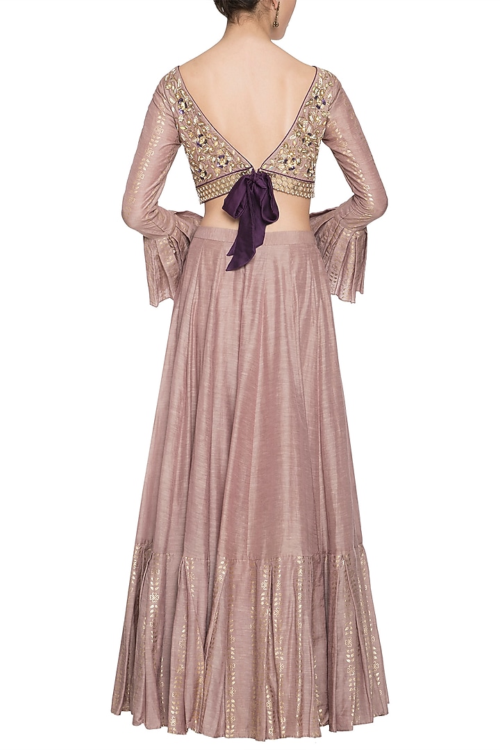 Mud grey foil print embroidered lehenga set available only at Pernia's Pop Up Shop.