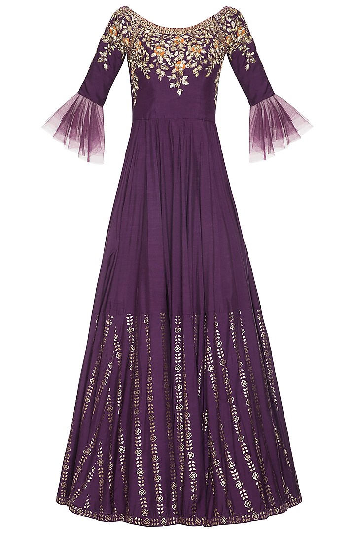 Purple embroidered foil print anarkali gown set by SALIAN BY ANUSHREE