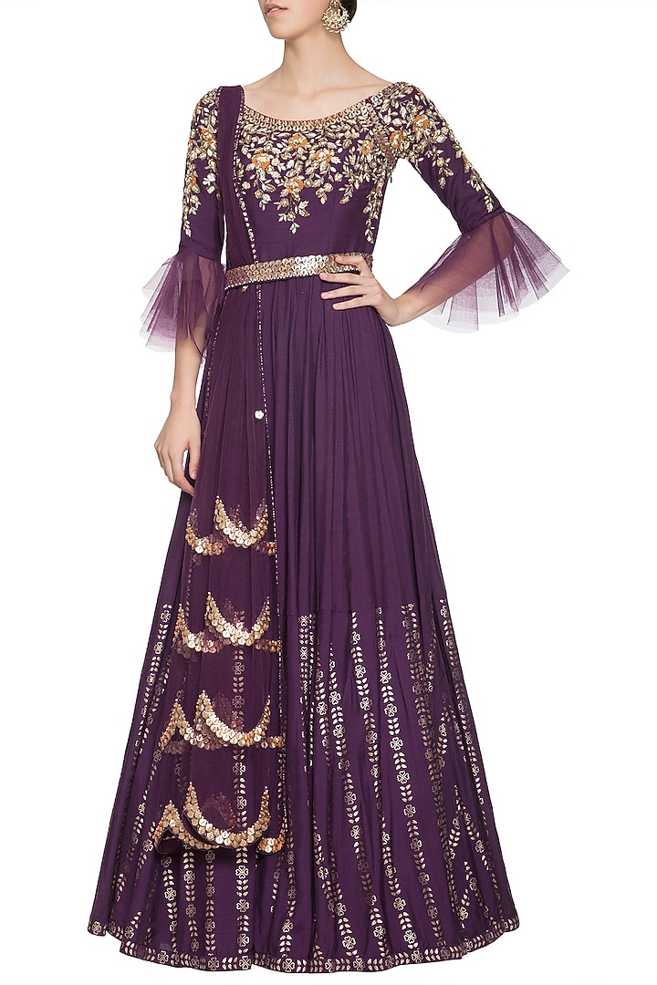 Purple embroidered foil print anarkali gown set available only at Pernia's Pop Up Shop.
