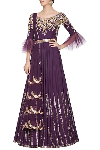 Purple embroidered foil print anarkali gown set by SALIAN BY ANUSHREE