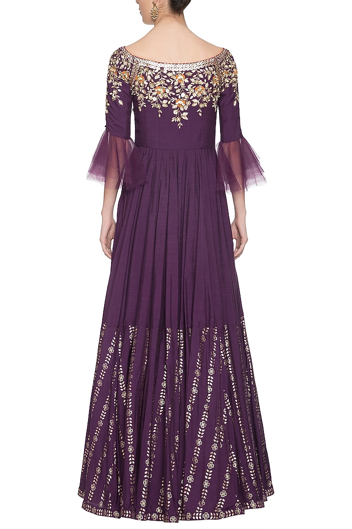Purple embroidered foil print anarkali gown set available only at Pernia's Pop Up Shop.