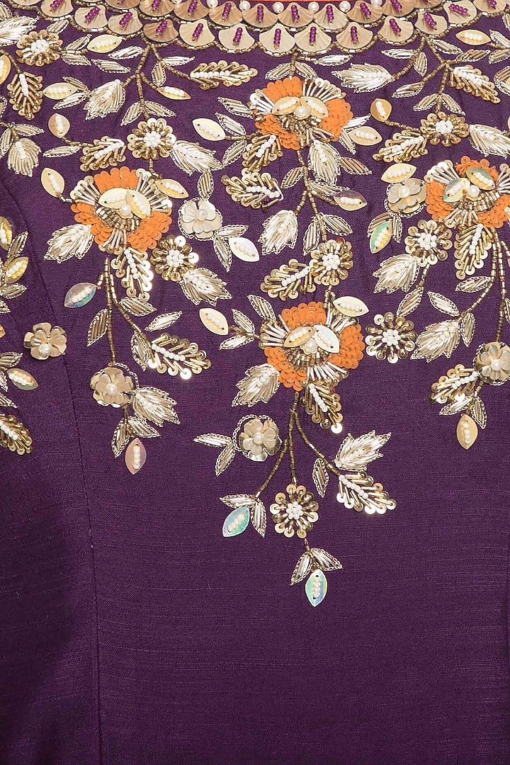 Purple embroidered foil print anarkali gown set available only at Pernia's Pop Up Shop.