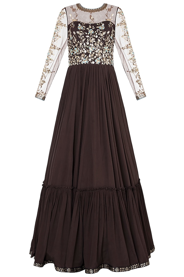 Brown embroidered foil print anarkali gown by SALIAN BY ANUSHREE