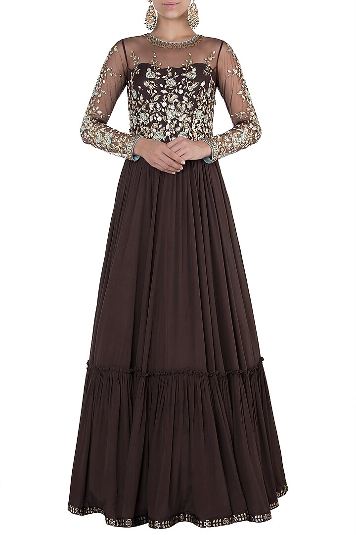 Brown embroidered foil print anarkali gown available only at Pernia's Pop Up Shop.