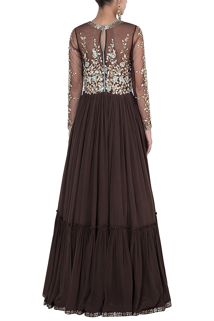 Brown embroidered foil print anarkali gown available only at Pernia's Pop Up Shop.