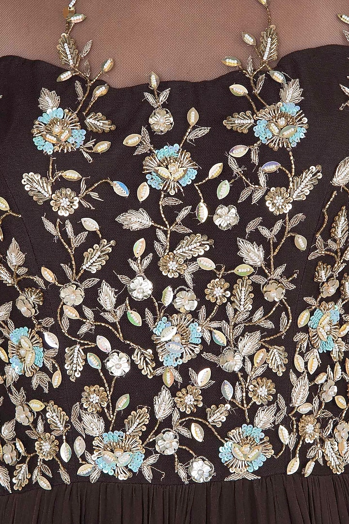 Brown embroidered foil print anarkali gown available only at Pernia's Pop Up Shop.