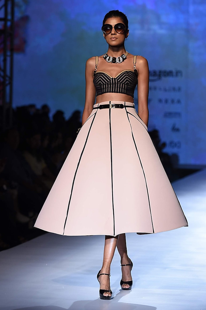 Black Liner Lace Bustier with Flesh Schiele Skirt and Belt by Shivan & Narresh