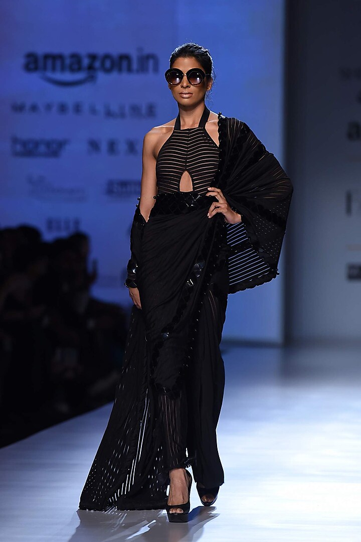 Black Onyx Skein Work Linear Lace Saree and Malliot Set by Shivan & Narresh