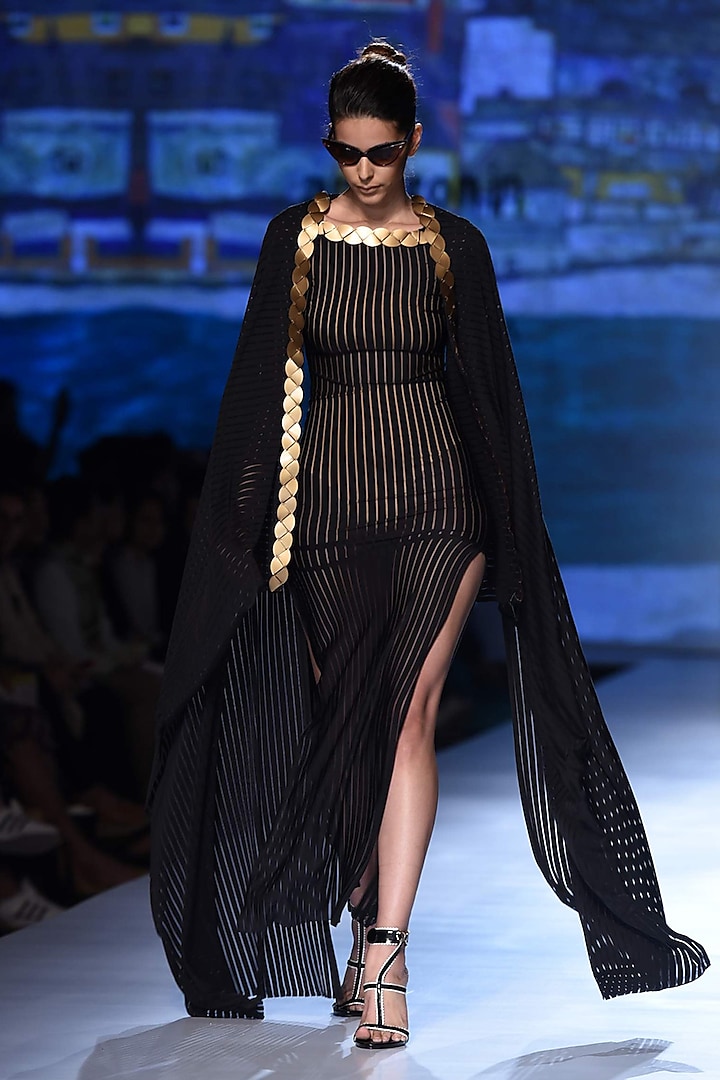 Black Skein Work Linear Lace Gown by Shivan & Narresh
