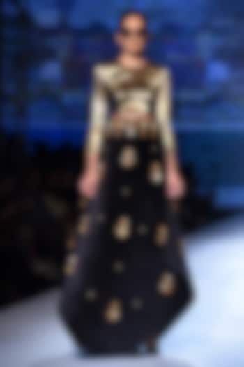 Black waterlily skein work lehenga with gold liquid brocade blouse available only at Pernia's Pop Up Shop.