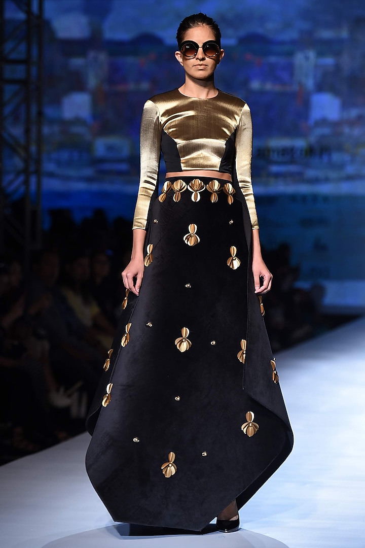 Black waterlily skein work lehenga with gold liquid brocade blouse available only at Pernia's Pop Up Shop.