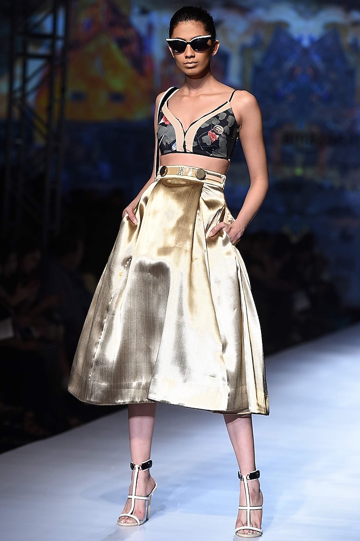Gold Liquid Brocade Skirt Set by Shivan & Narresh
