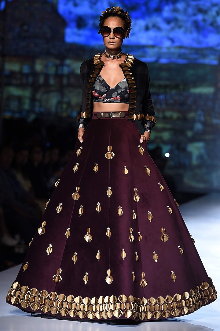 Amethyst Skein Work Lehenga with Acrot Print Blouse and Bomber Jacket by Shivan & Narresh