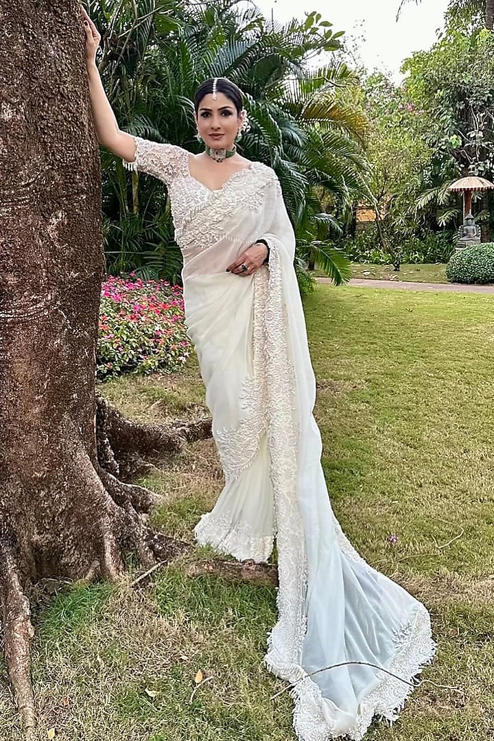 Ivory Organza Pearl Embroidered Wedding Saree Set by Kashmiraa at Pernia's Pop Up Shop