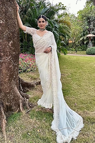 Ivory Organza Pearl Embroidered Saree Set by Kashmiraa