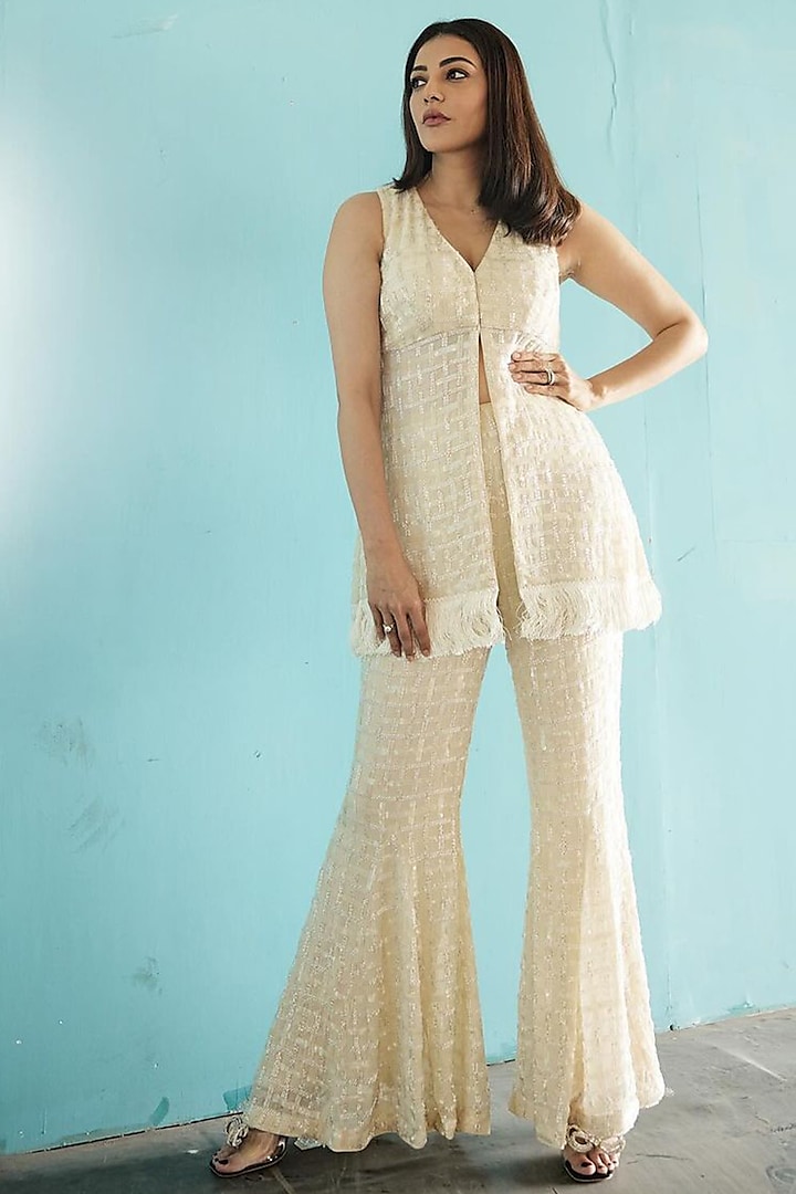 Ivory Georgette Sequins Embroidered Tunic Set by Seeaash at Pernia's Pop Up Shop