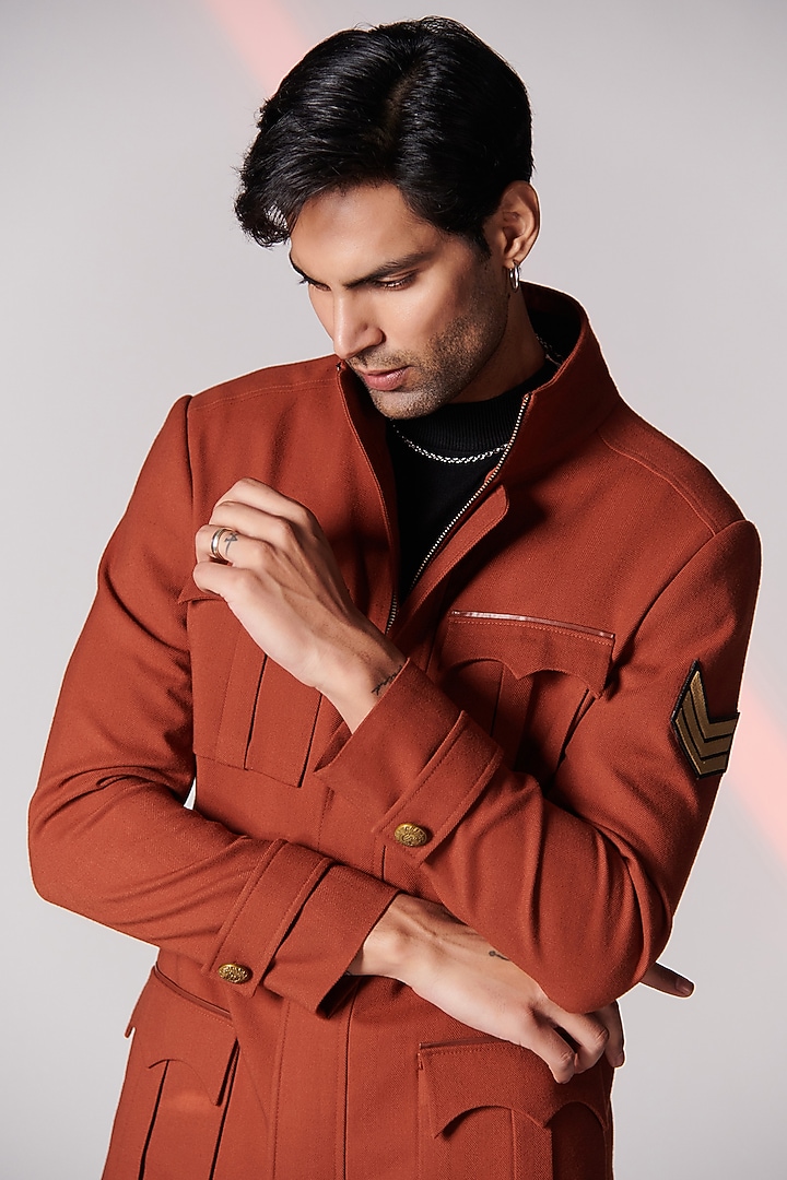 Rust Poly Blend Overcoat by S&N by Shantnu Nikhil Men at Pernia's Pop Up Shop
