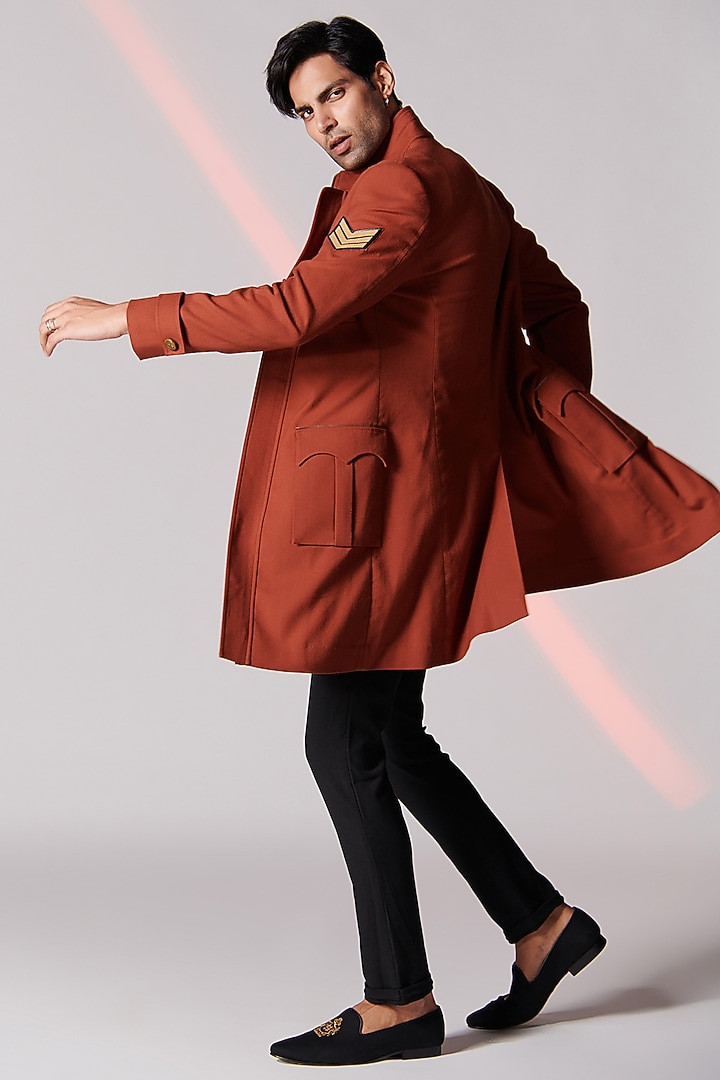 Rust Poly Blend Overcoat by S&N by Shantnu Nikhil Men at Pernia's Pop Up Shop