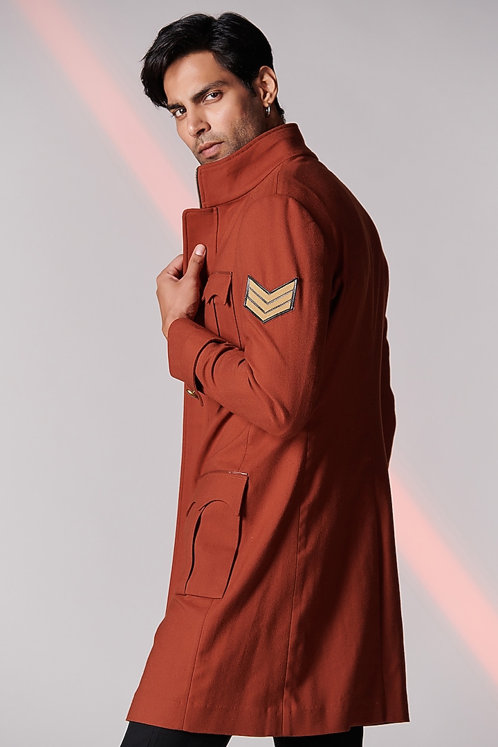 Rust Poly Blend Overcoat by S&N by Shantnu Nikhil Men at Pernia's Pop Up Shop