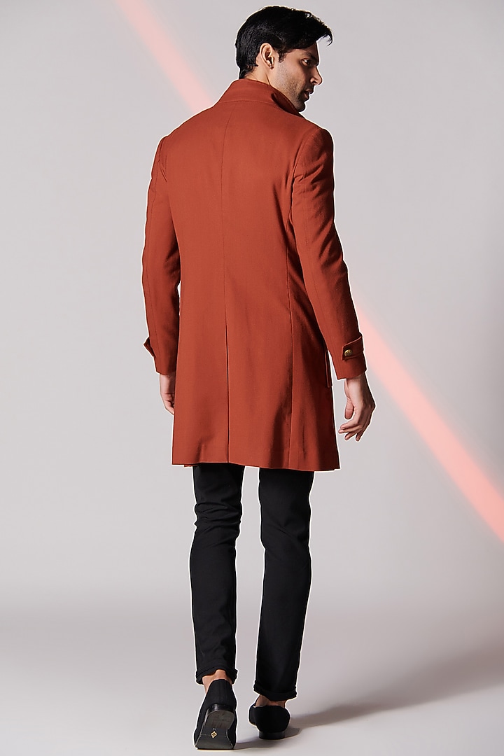 Rust Poly Blend Overcoat by S&N by Shantnu Nikhil Men at Pernia's Pop Up Shop