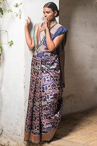 Cobalt Blue Handloom Meenakari Saree Set by Shanti Banaras