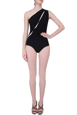 Black One Shoulder Ruched Maillot by Shivan & Narresh
