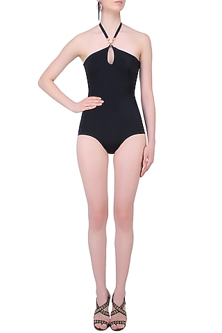 Black Metallic Detail Halter Neck Maillot by Shivan & Narresh