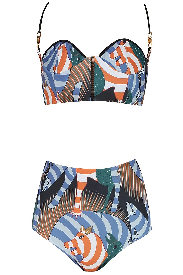 Black and Blue Twin Shoulder Brute Print Bikini Set by Shivan & Narresh