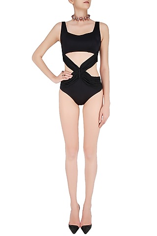 Black Cut Out Draped Trikini by Shivan & Narresh