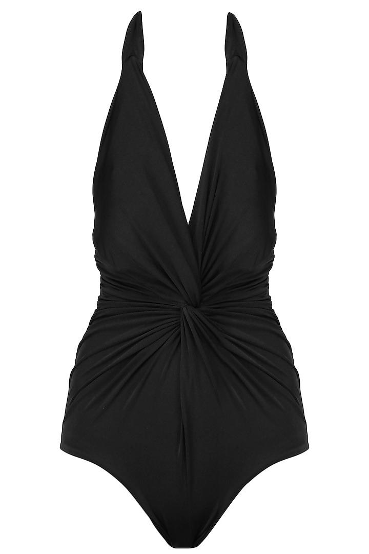 Black halter neck ruched maillot available only at Pernia's Pop Up Shop.