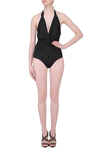 Black Halter Neck Ruched Maillot by Shivan & Narresh