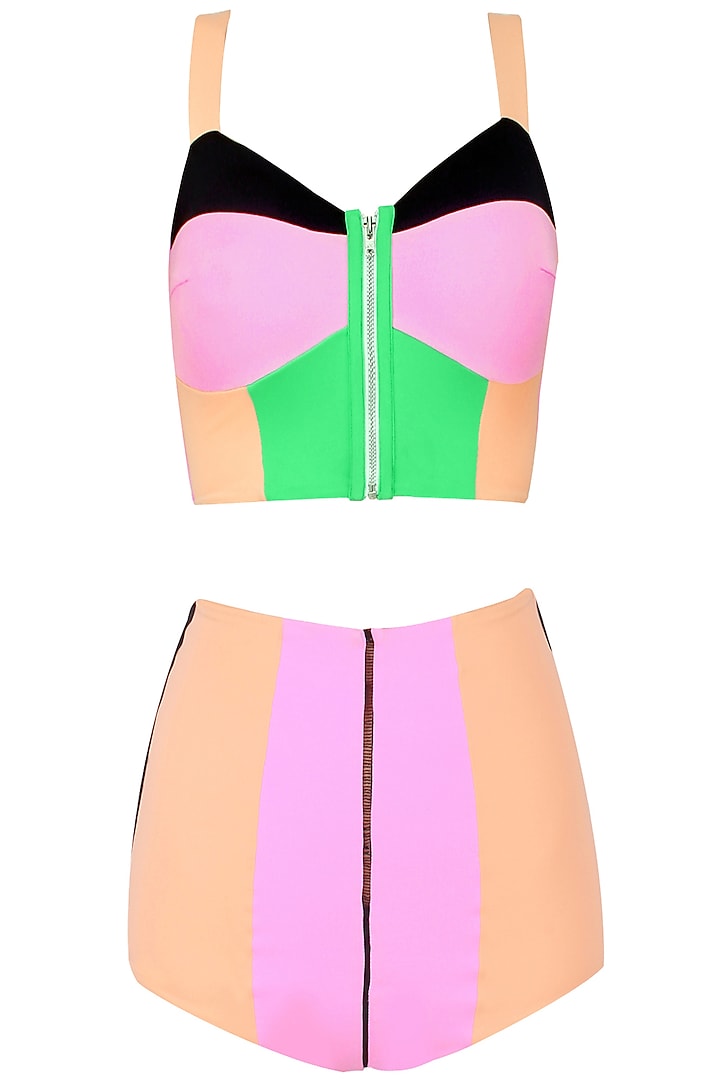 Black and Terracota Color Blocked Bikini Set by Shivan & Narresh