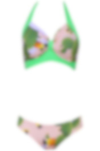Green and Nude Cacti Print Halter Neck Bikini Set by Shivan & Narresh