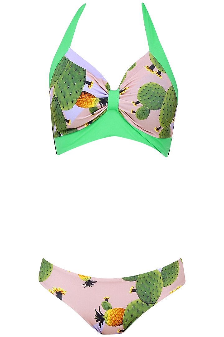 Green and nude cacti print halter neck bikini set available only at Pernia's Pop Up Shop.