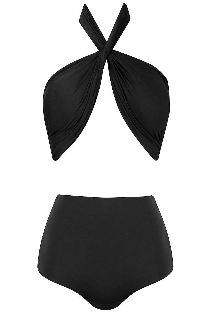 Black Halter Neck Ruched Bikini Set by Shivan & Narresh