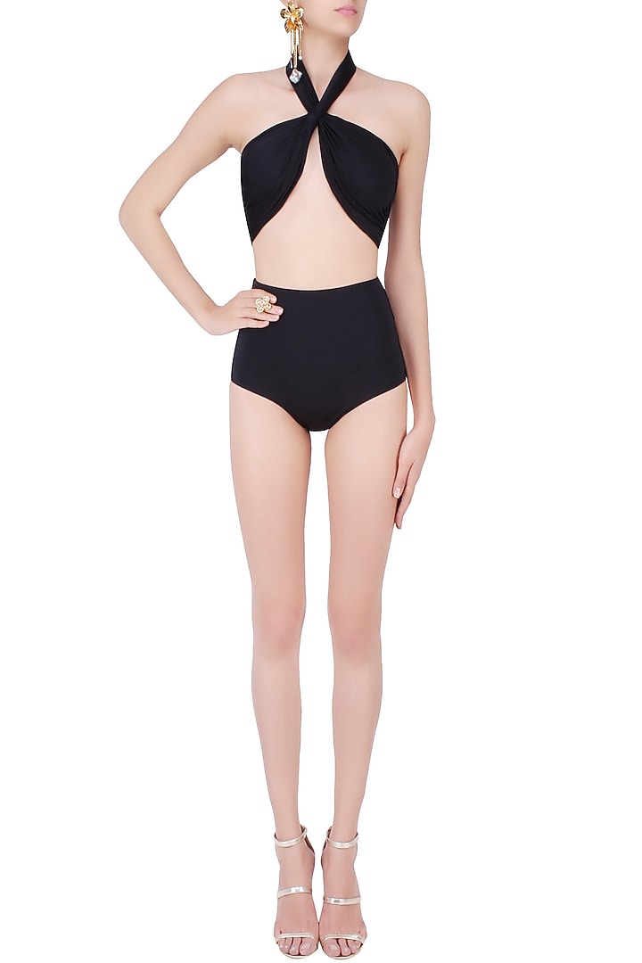 Black halter neck ruched bikini set available only at Pernia's Pop Up Shop.
