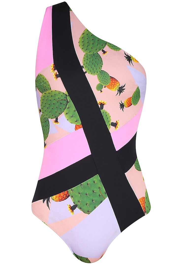Nude, Pink and Black Cacti Print One Shoulder Maillot by Shivan & Narresh