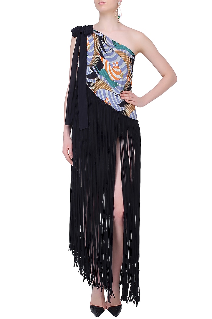 Black brute print one shoulder fringed pareo dress available only at Pernia's Pop Up Shop.