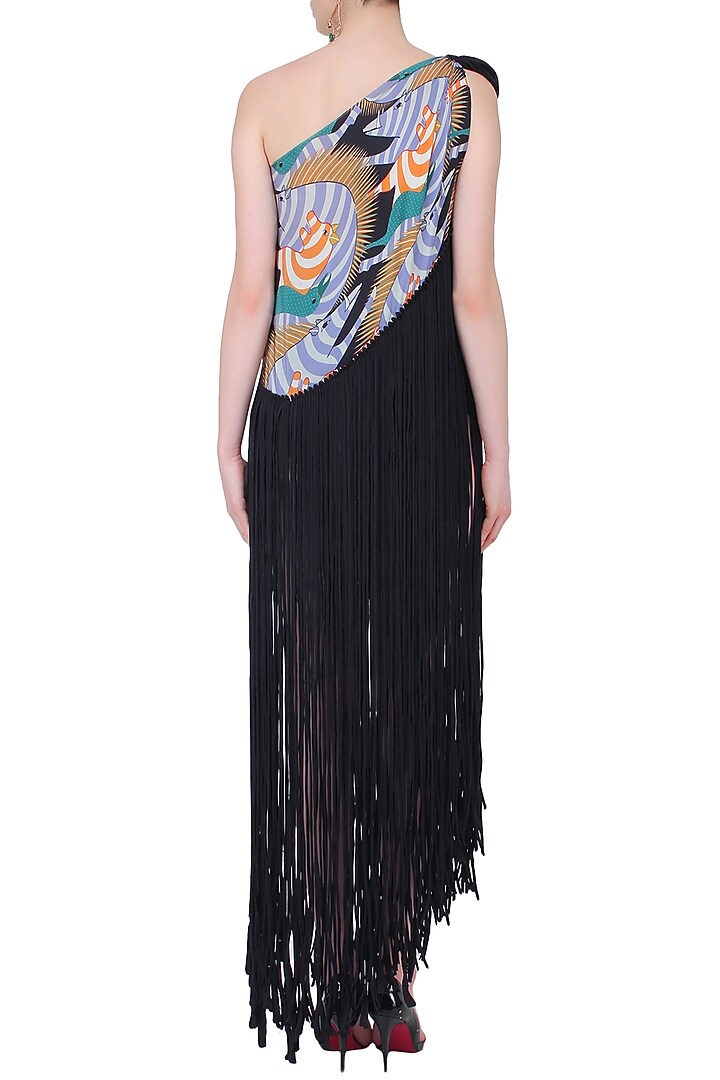 Black brute print one shoulder fringed pareo dress available only at Pernia's Pop Up Shop.