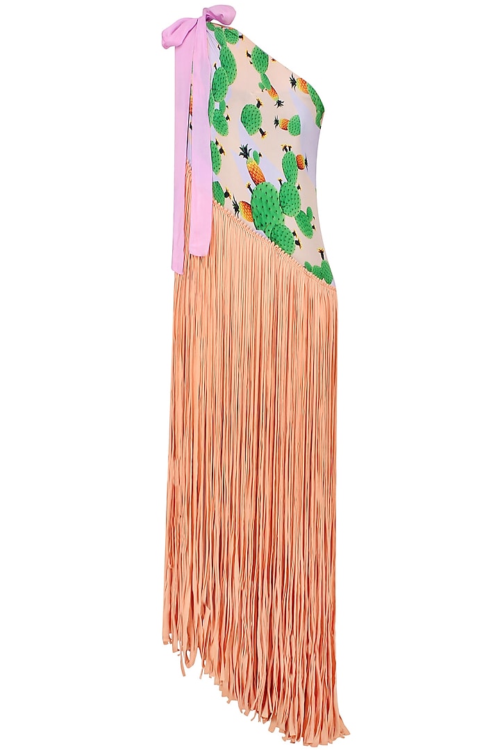 Peach Cacti Print One Shoulder Fringed Pareo Dress by Shivan & Narresh