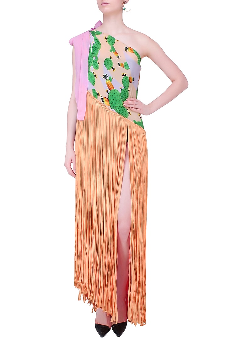Peach cacti print one shoulder fringed pareo dress available only at Pernia's Pop Up Shop.