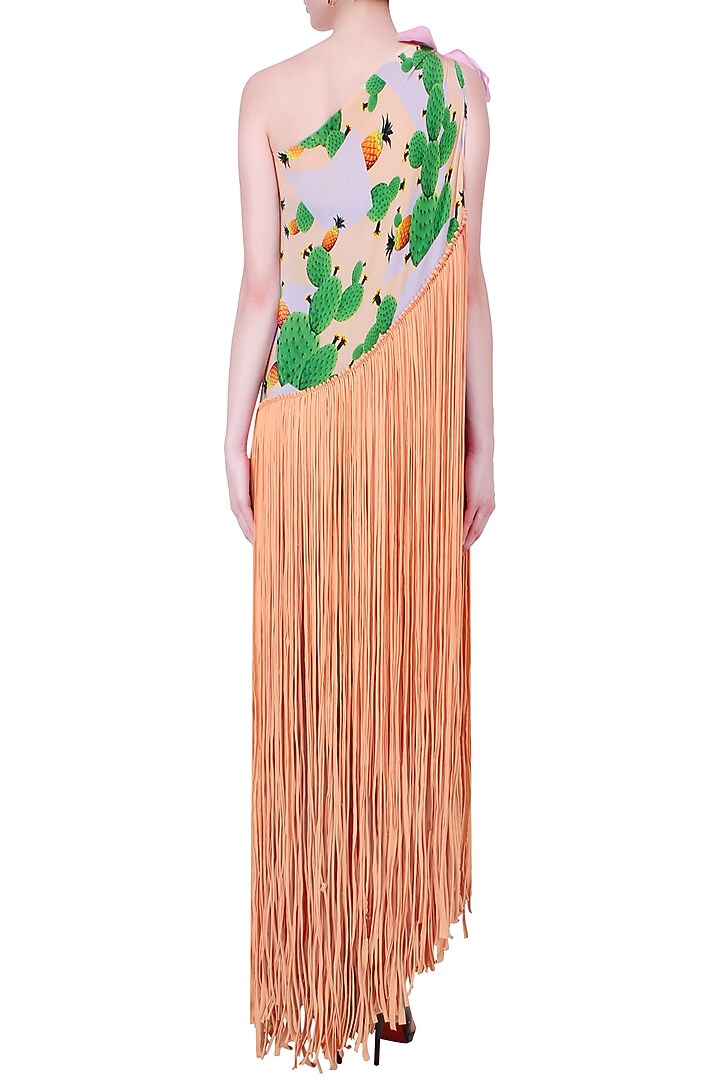 Peach cacti print one shoulder fringed pareo dress available only at Pernia's Pop Up Shop.