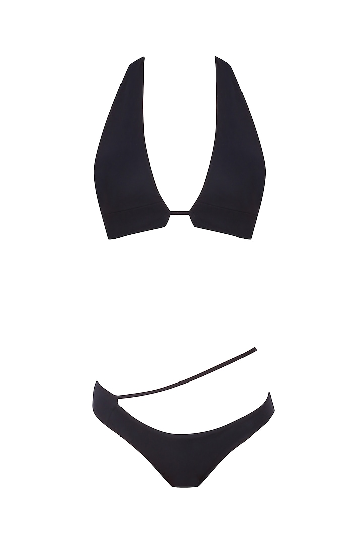 Black twin shoulder bikni and low wasited bottoms set available only at Pernia's Pop Up Shop.