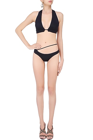 Black Twin Shoulder Bikni and Low Wasited Bottoms Set by Shivan & Narresh