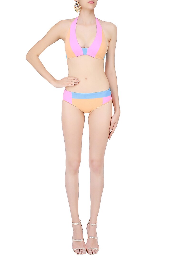 Peach, purple and sky blue colo block bikni set available only at Pernia's Pop Up Shop.